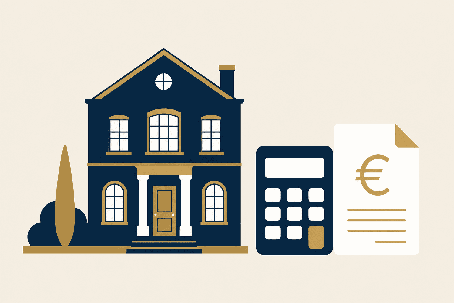 Illustrazione: casa, calcolatrice e documento con simbolo euro